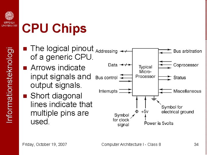 Informationsteknologi CPU Chips n n n The logical pinout of a generic CPU. Arrows