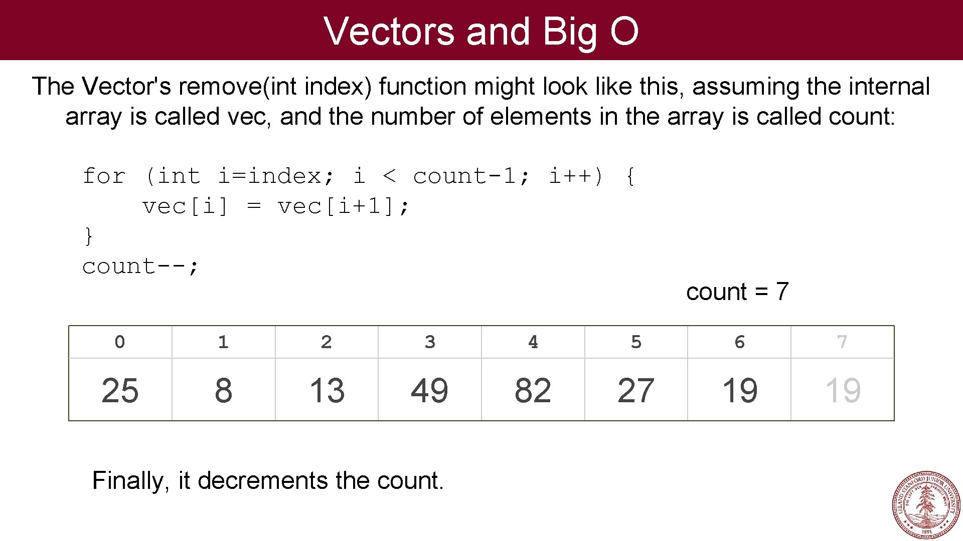 Vectors and Big O The Vector's remove(int index) function might look like this, assuming