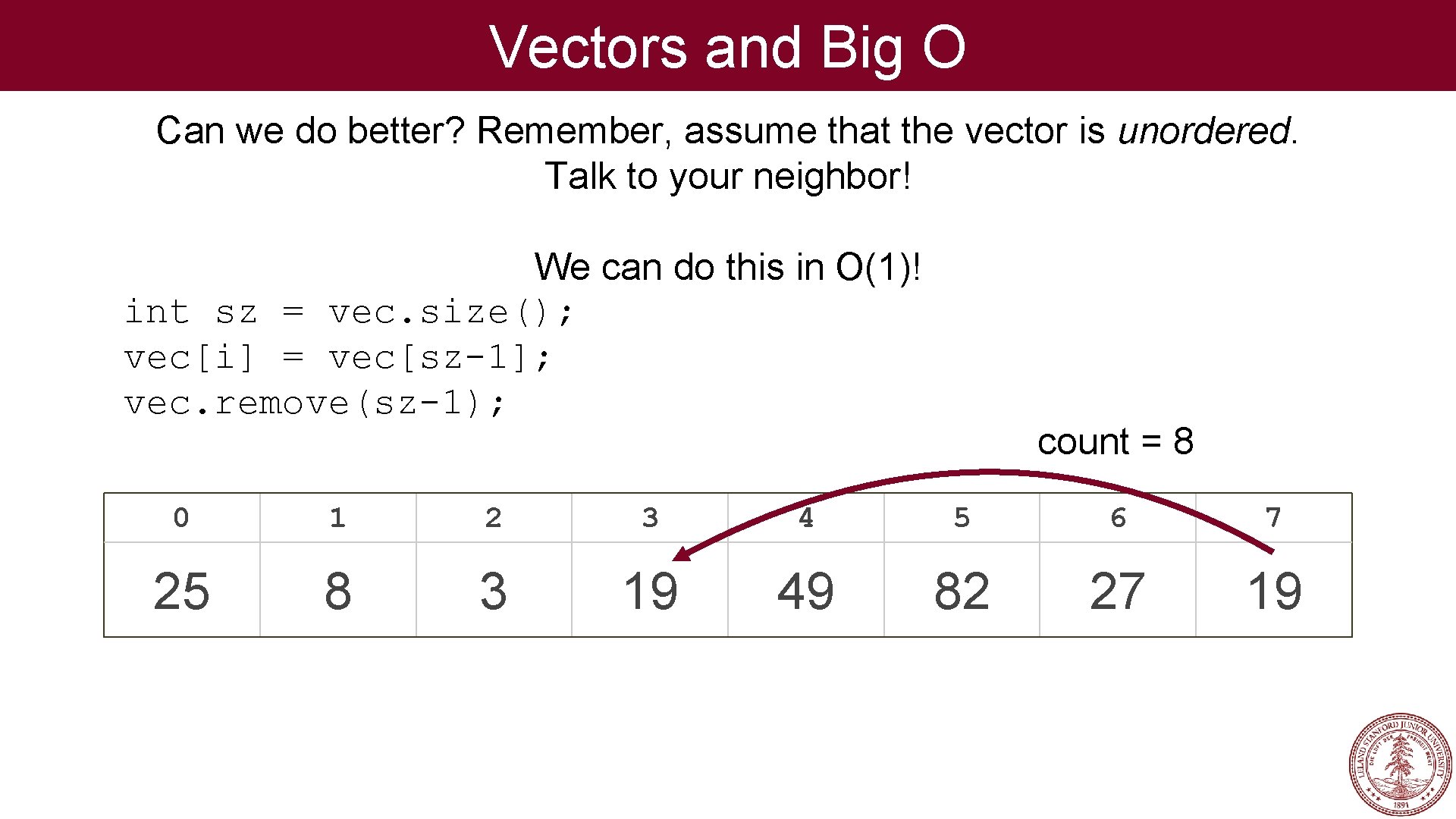 Vectors and Big O Can we do better? Remember, assume that the vector is