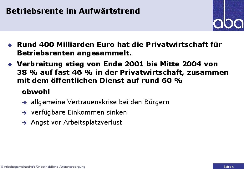 Betriebsrente im Aufwärtstrend u Rund 400 Milliarden Euro hat die Privatwirtschaft für Betriebsrenten angesammelt.