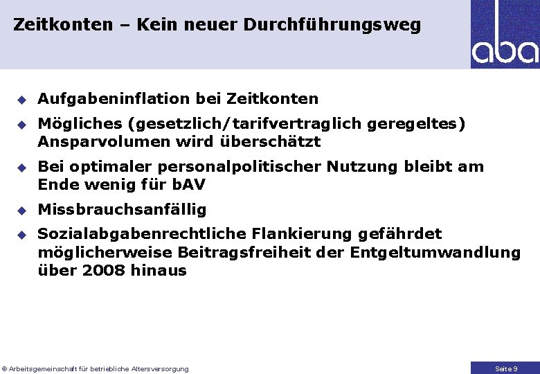 Zeitkonten – Kein neuer Durchführungsweg u Aufgabeninflation bei Zeitkonten u Mögliches (gesetzlich/tarifvertraglich geregeltes) Ansparvolumen