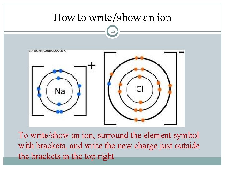 How to write/show an ion 12 To write/show an ion, surround the element symbol