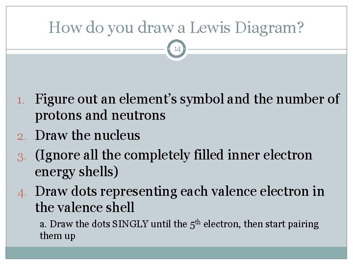 How do you draw a Lewis Diagram? 14 1. Figure out an element’s symbol