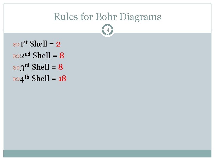 Rules for Bohr Diagrams 4 1 st Shell = 2 2 nd Shell =