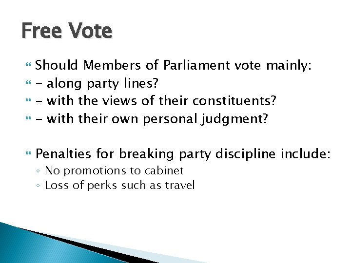 Free Vote Should Members of Parliament vote mainly: - along party lines? - with