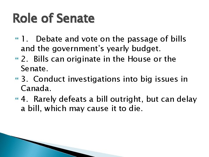 Role of Senate 1. Debate and vote on the passage of bills and the