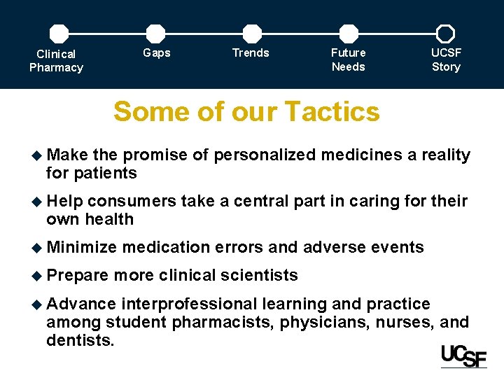 Gaps Clinical Pharmacy Trends Future Needs UCSF Story Some of our Tactics u Make