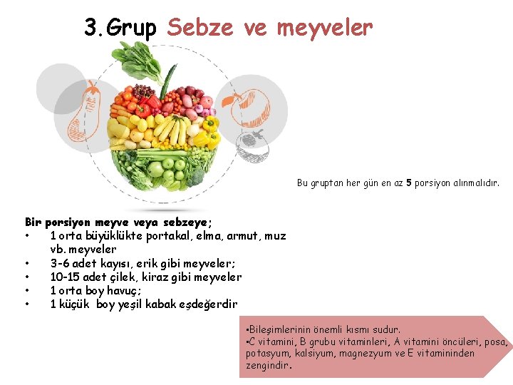 3. Grup Sebze ve meyveler Bu gruptan her gün en az 5 porsiyon alınmalıdır.