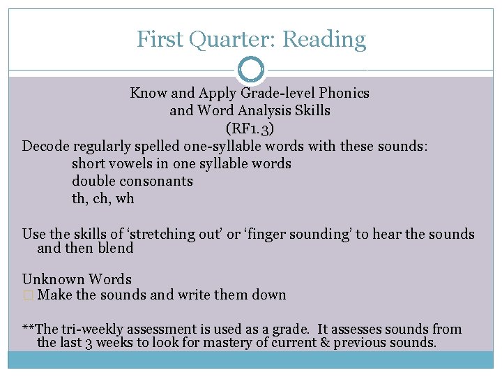 First Quarter: Reading Know and Apply Grade-level Phonics and Word Analysis Skills (RF 1.