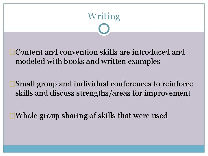 Writing �Content and convention skills are introduced and modeled with books and written examples
