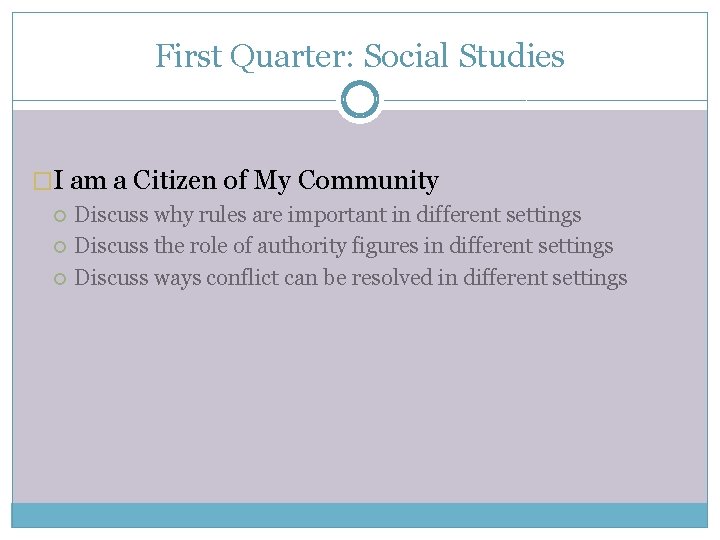 First Quarter: Social Studies �I am a Citizen of My Community Discuss why rules