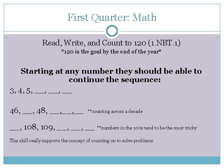First Quarter: Math Read, Write, and Count to 120 (1. NBT. 1) *120 is