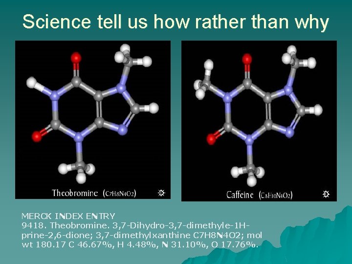 Science tell us how rather than why MERCK INDEX ENTRY 9418. Theobromine. 3, 7