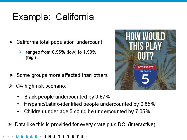 Example: California Ø California total population undercount: Ø ranges from 0. 95% (low) to