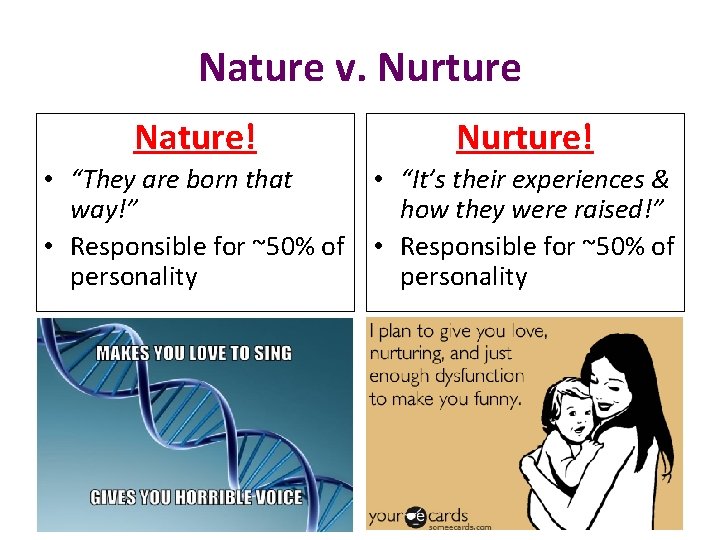 Nature v. Nurture Nature! Nurture! • “They are born that way!” • Responsible for