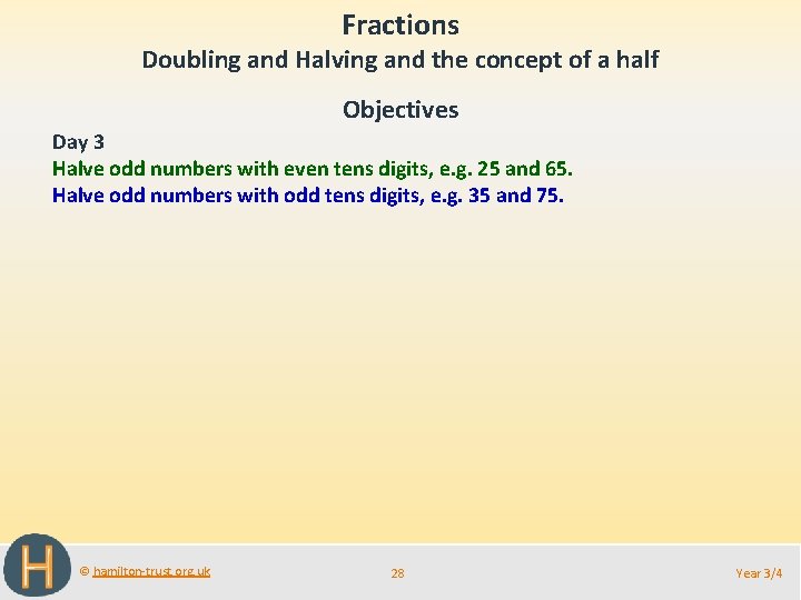 Fractions Doubling and Halving and the concept of a half Objectives Day 3 Halve