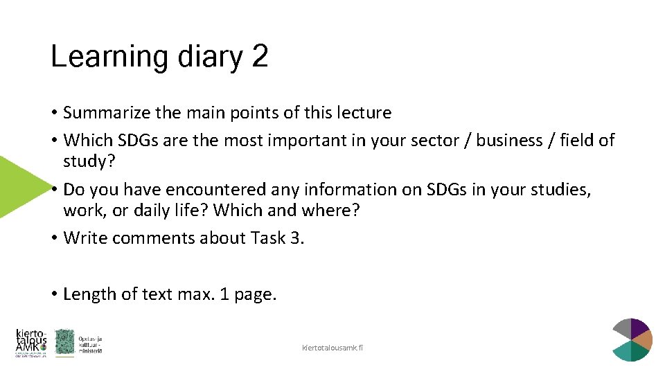 Learning diary 2 • Summarize the main points of this lecture • Which SDGs