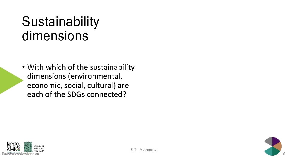 Sustainability dimensions • With which of the sustainability dimensions (environmental, economic, social, cultural) are