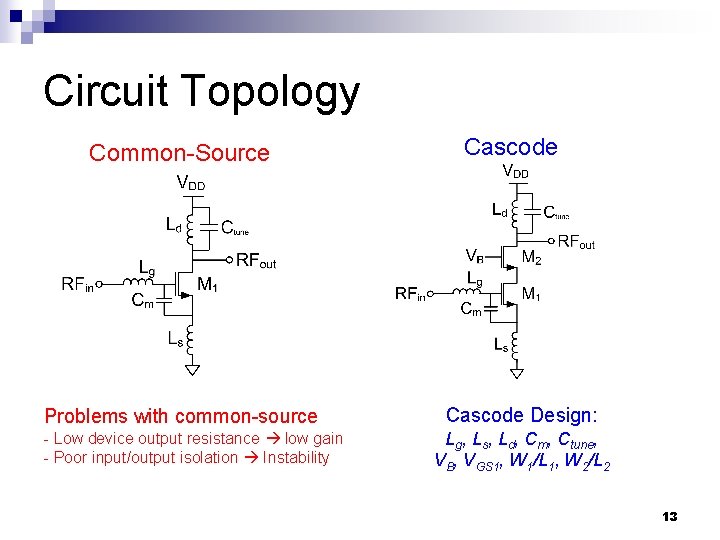 Circuit Topology Common-Source Problems with common-source - Low device output resistance low gain -