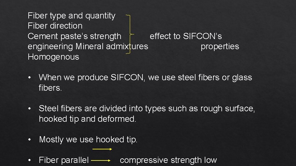 Fiber type and quantity Fiber direction Cement paste’s strength effect to SIFCON’s engineering Mineral