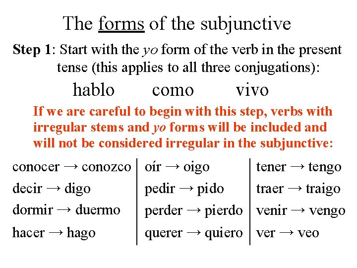 The forms of the subjunctive Step 1: Start with the yo form of the