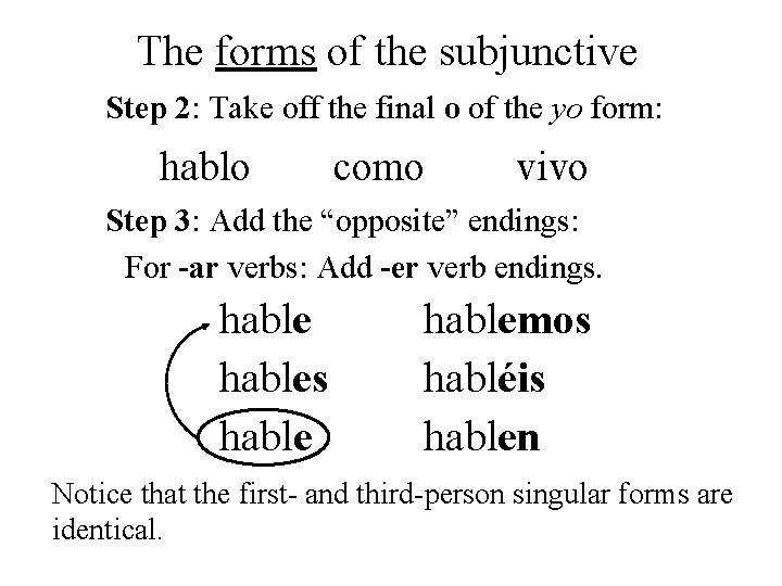 The forms of the subjunctive Step 2: Take off the final o of the