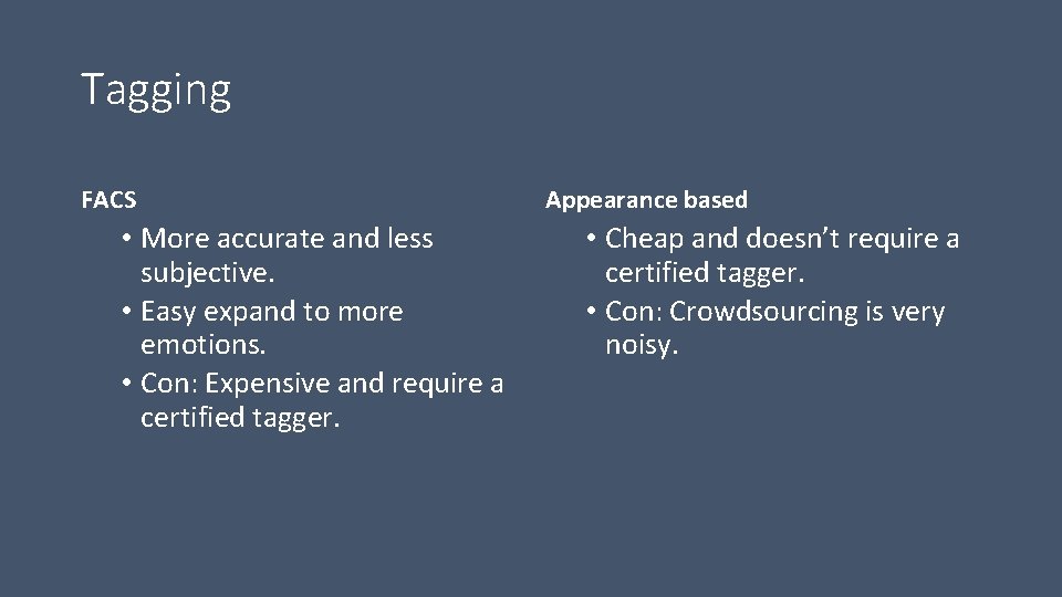 Tagging FACS • More accurate and less subjective. • Easy expand to more emotions.