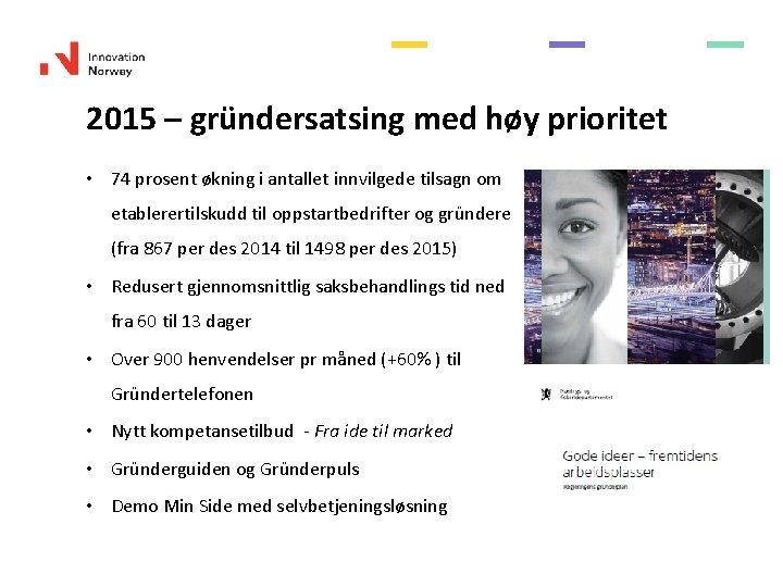 2015 – gründersatsing med høy prioritet • 74 prosent økning i antallet innvilgede tilsagn