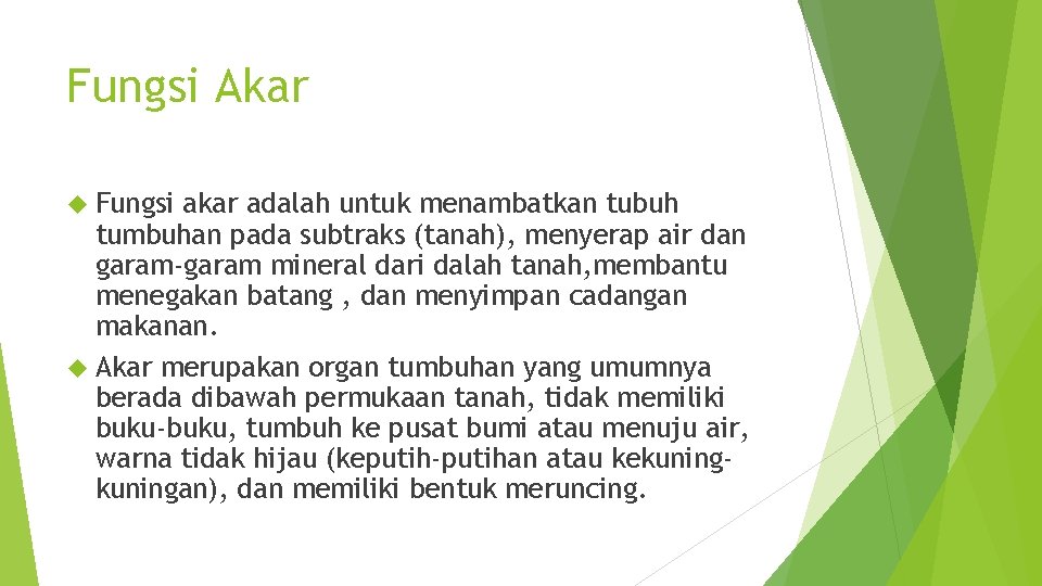 Fungsi Akar Fungsi akar adalah untuk menambatkan tubuh tumbuhan pada subtraks (tanah), menyerap air