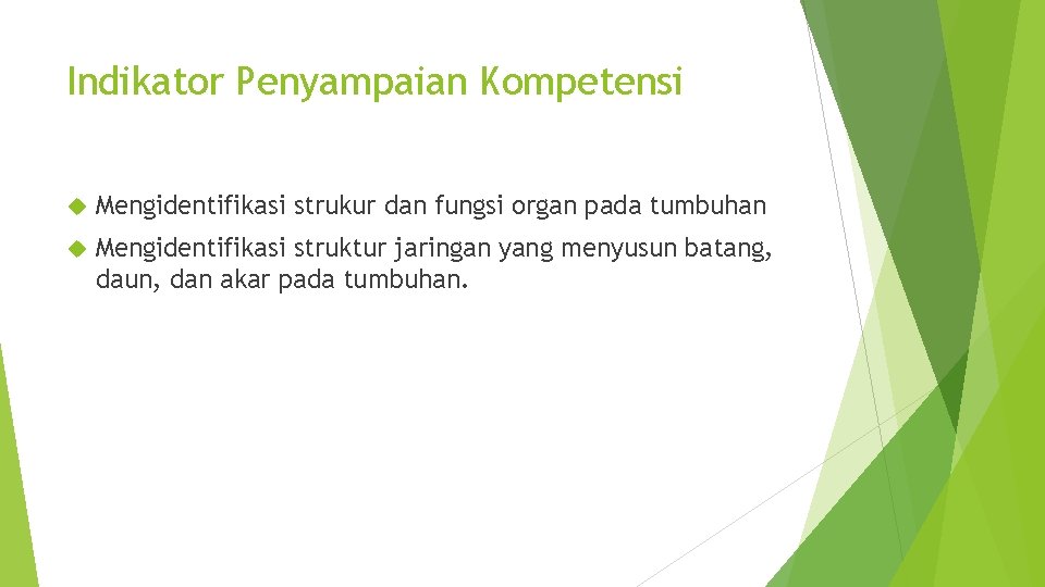 Indikator Penyampaian Kompetensi Mengidentifikasi strukur dan fungsi organ pada tumbuhan Mengidentifikasi struktur jaringan yang