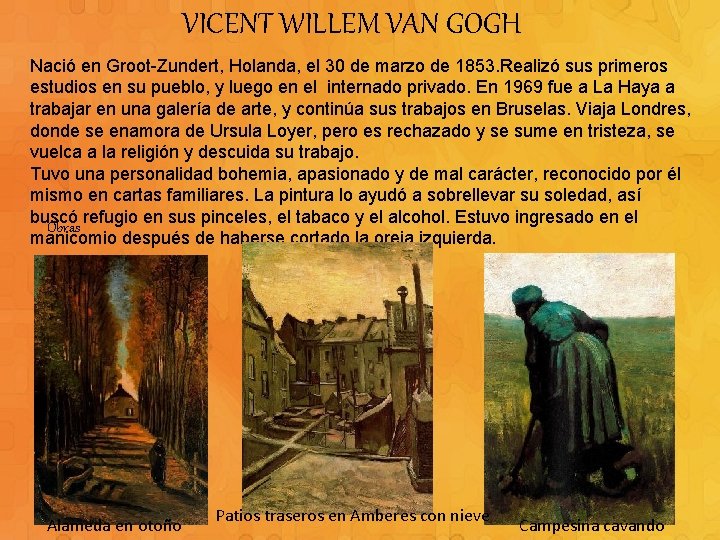 VICENT WILLEM VAN GOGH Nació en Groot-Zundert, Holanda, el 30 de marzo de 1853.