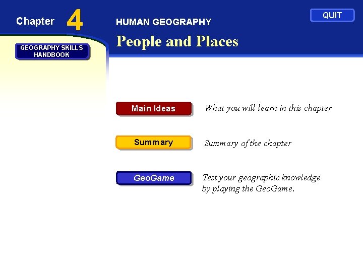 Chapter 4 GEOGRAPHY SKILLS HANDBOOK HUMAN GEOGRAPHY QUIT People and Places Main Ideas What