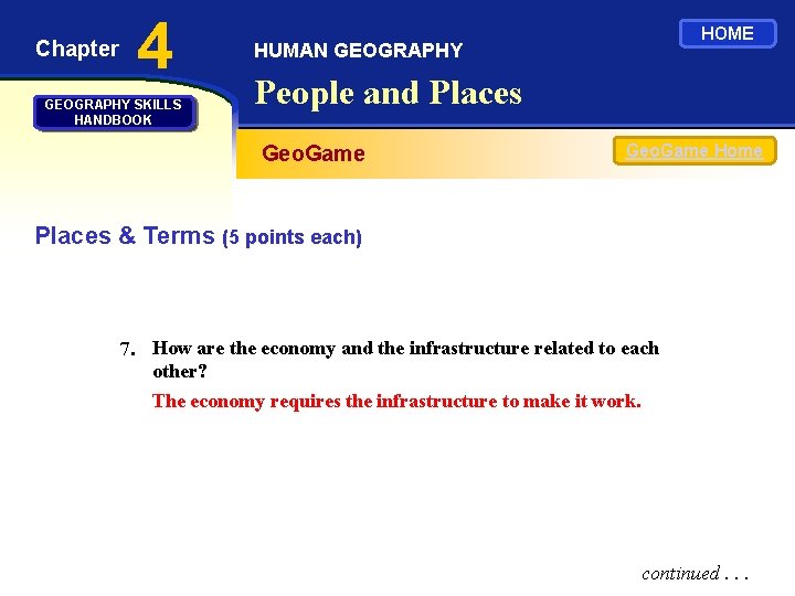 Chapter 4 GEOGRAPHY SKILLS HANDBOOK HOME HUMAN GEOGRAPHY People and Places Geo. Game Home