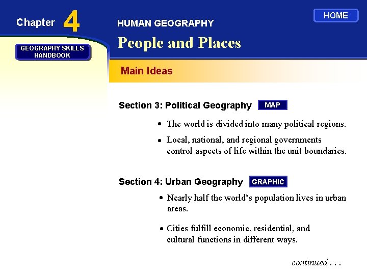 Chapter 4 GEOGRAPHY SKILLS HANDBOOK HOME HUMAN GEOGRAPHY People and Places Main Ideas Section