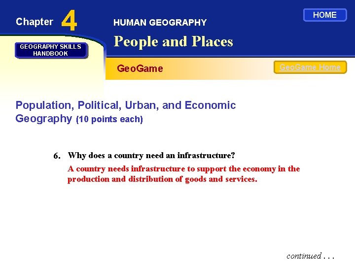 Chapter 4 GEOGRAPHY SKILLS HANDBOOK HOME HUMAN GEOGRAPHY People and Places Geo. Game Home