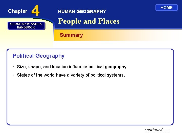 Chapter 4 GEOGRAPHY SKILLS HANDBOOK HUMAN GEOGRAPHY HOME People and Places Summary Political Geography