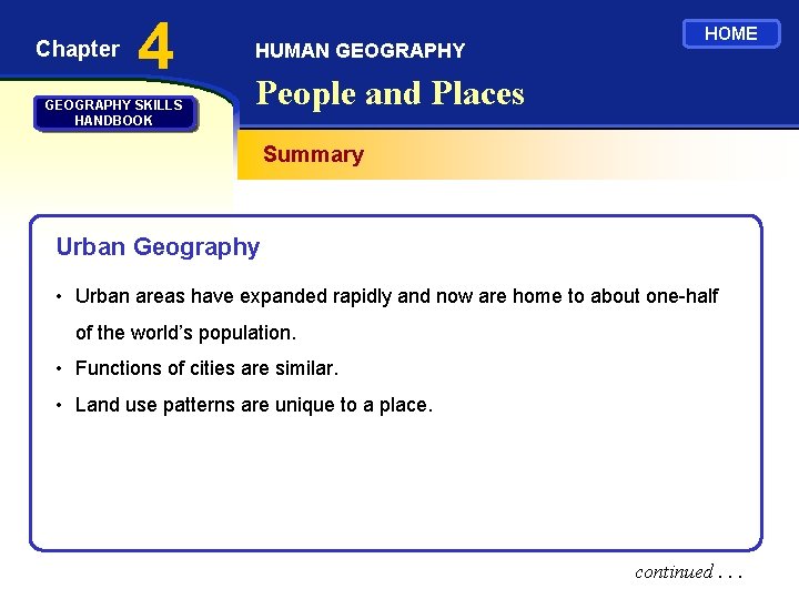 Chapter 4 GEOGRAPHY SKILLS HANDBOOK HUMAN GEOGRAPHY HOME People and Places Summary Urban Geography