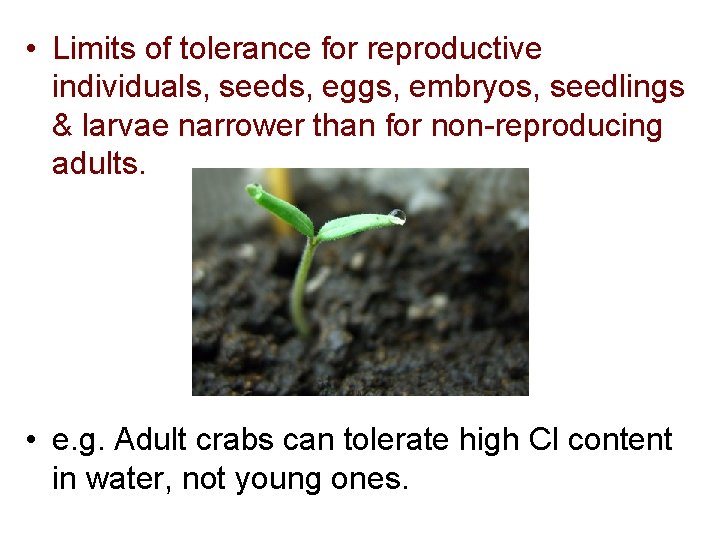  • Limits of tolerance for reproductive individuals, seeds, eggs, embryos, seedlings & larvae
