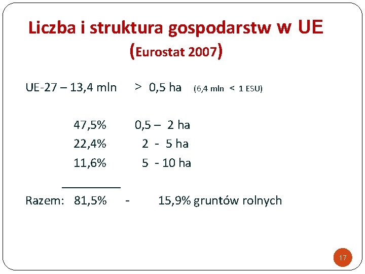 Liczba i struktura gospodarstw w UE (Eurostat 2007) UE-27 – 13, 4 mln >