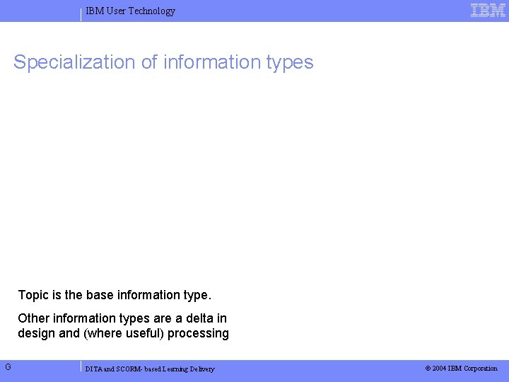 IBM User Technology Specialization of information types Topic is the base information type. Other