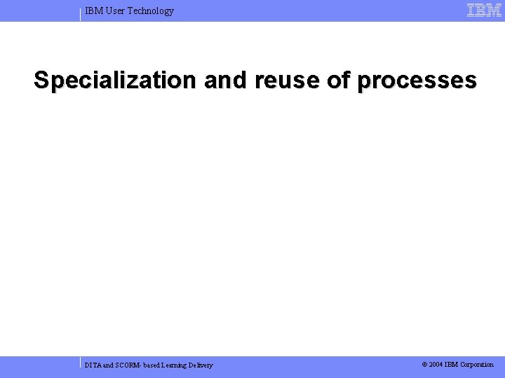 IBM User Technology Specialization and reuse of processes DITA and SCORM- based Learning Delivery