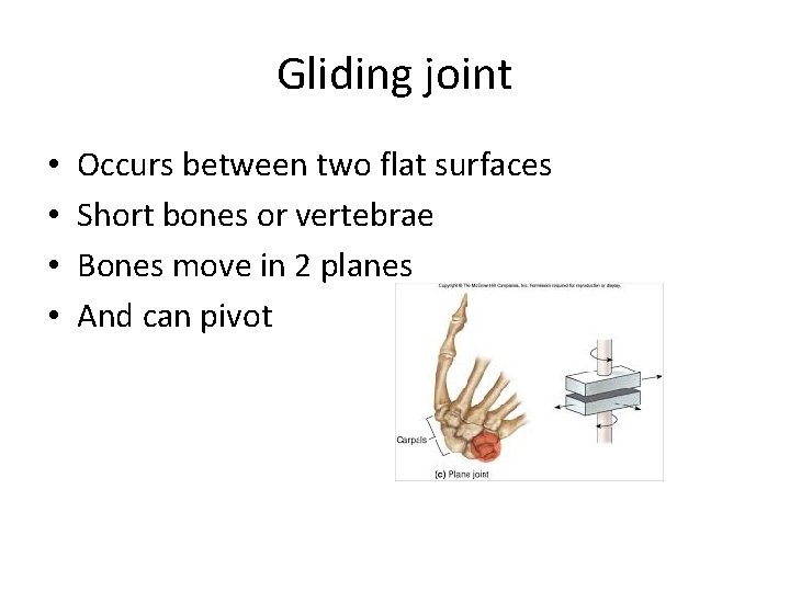 Gliding joint • • Occurs between two flat surfaces Short bones or vertebrae Bones