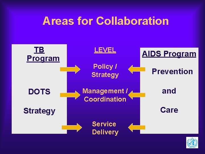 Areas for Collaboration TB Program DOTS LEVEL Policy / Strategy Management / Coordination AIDS