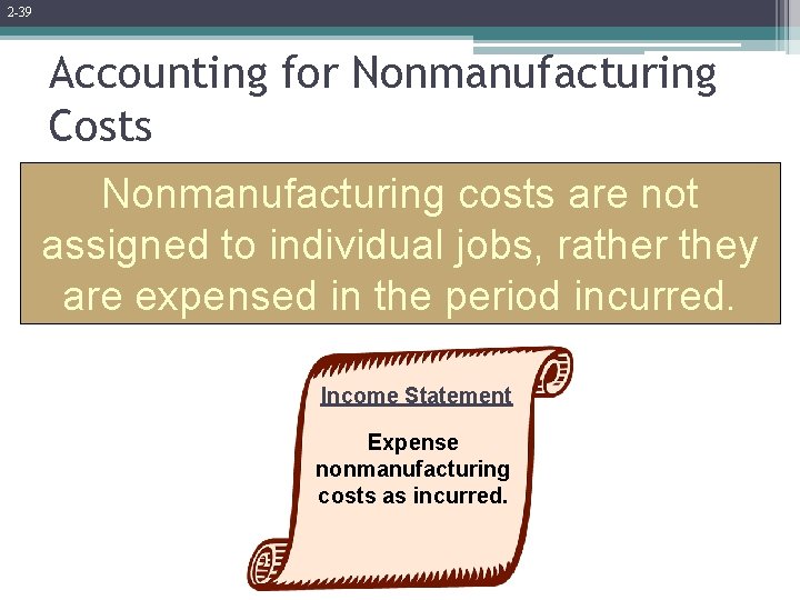 2 -39 Accounting for Nonmanufacturing Costs Nonmanufacturing costs are not assigned to individual jobs,