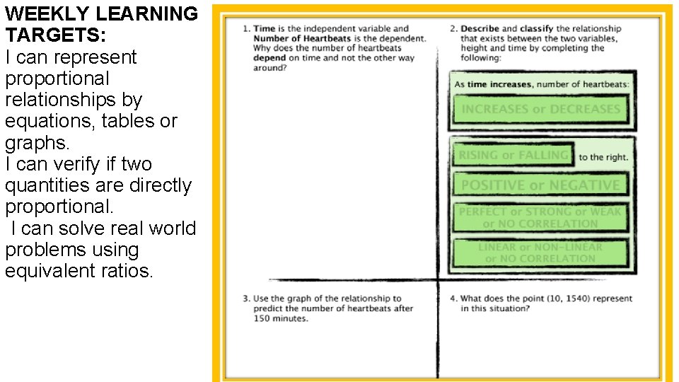 WEEKLY LEARNING TARGETS: I can represent proportional relationships by equations, tables or graphs. I