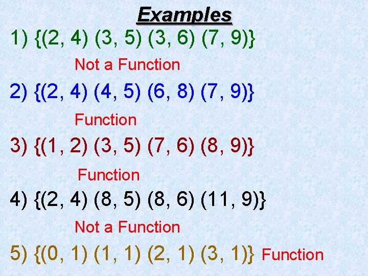Examples 1) {(2, 4) (3, 5) (3, 6) (7, 9)} Not a Function 2)