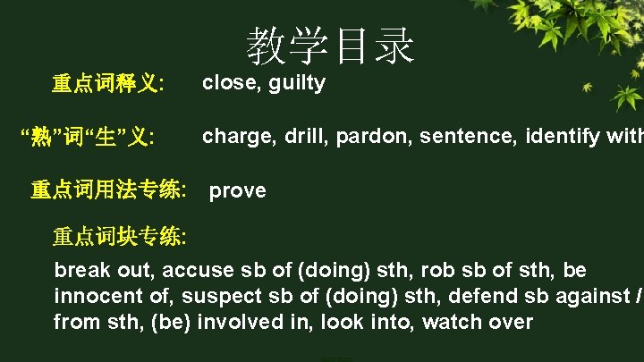 教学目录 重点词释义: “熟”词“生”义: close, guilty charge, drill, pardon, sentence, identify with 重点词用法专练: prove 重点词块专练: