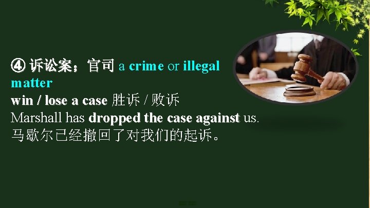 ④ 诉讼案；官司 a crime or illegal matter win / lose a case 胜诉 /