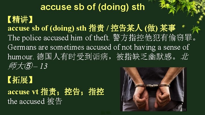 accuse sb of (doing) sth 【精讲】 accuse sb of (doing) sth 指责 / 控告某人