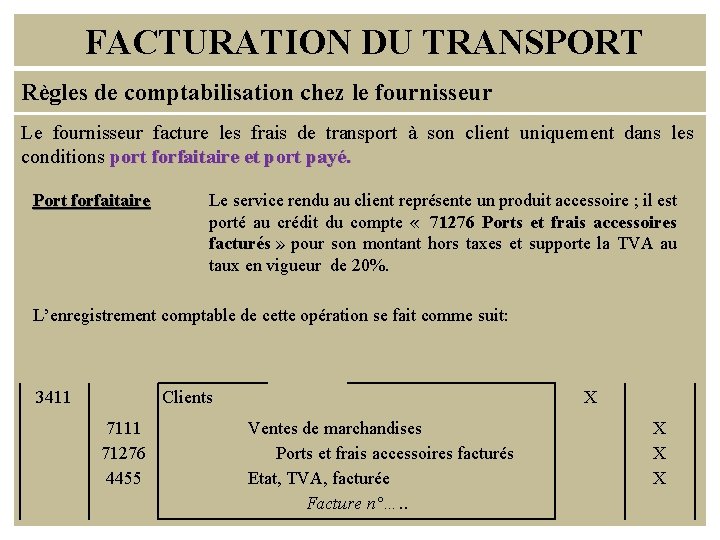 FACTURATION DU TRANSPORT Règles de comptabilisation chez le fournisseur Le fournisseur facture les frais